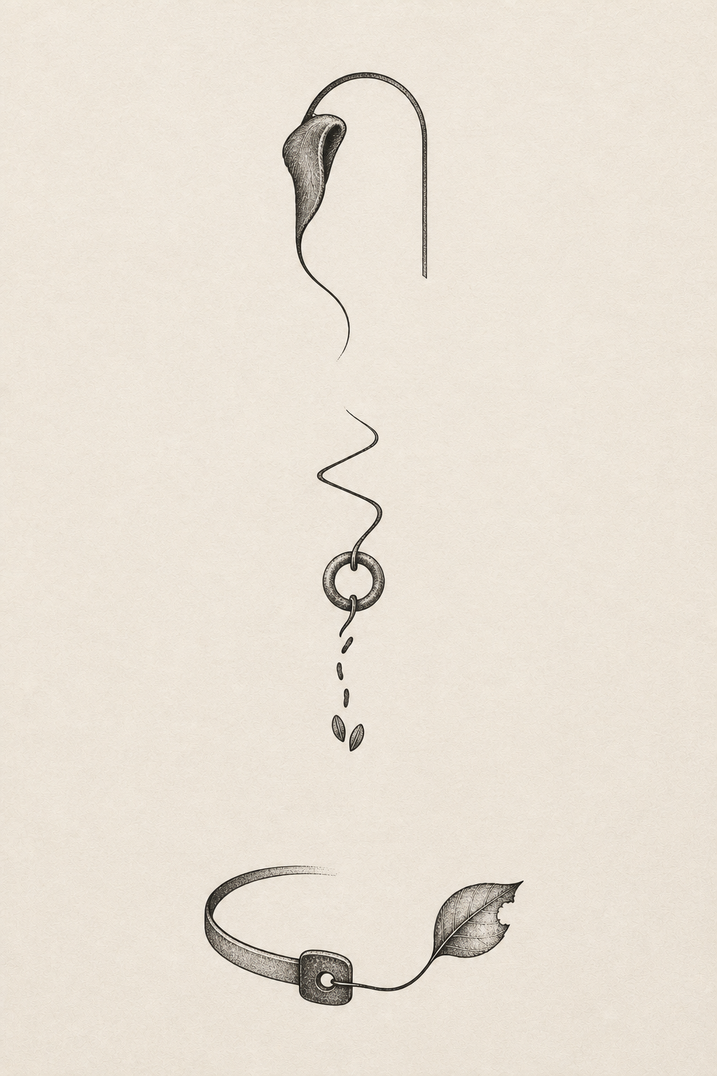Three pet memorial tattoo concept drawings showing a folded ear line, a remembered walking route and an incomplete worn collar.