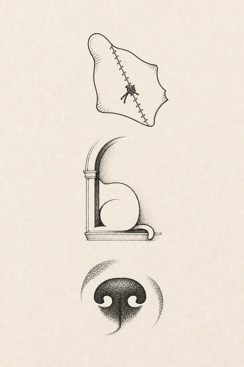 Three pet memorial tattoo concept drawings showing a repaired toy fragment, a sleeping cat formed by window negative space and a simplified dog nose.