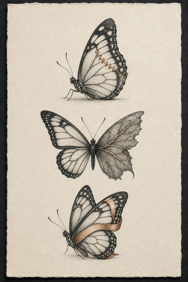Three original butterfly tattoo directions using a repaired seam, a garden leaf vein and a keepsake ribbon curve.