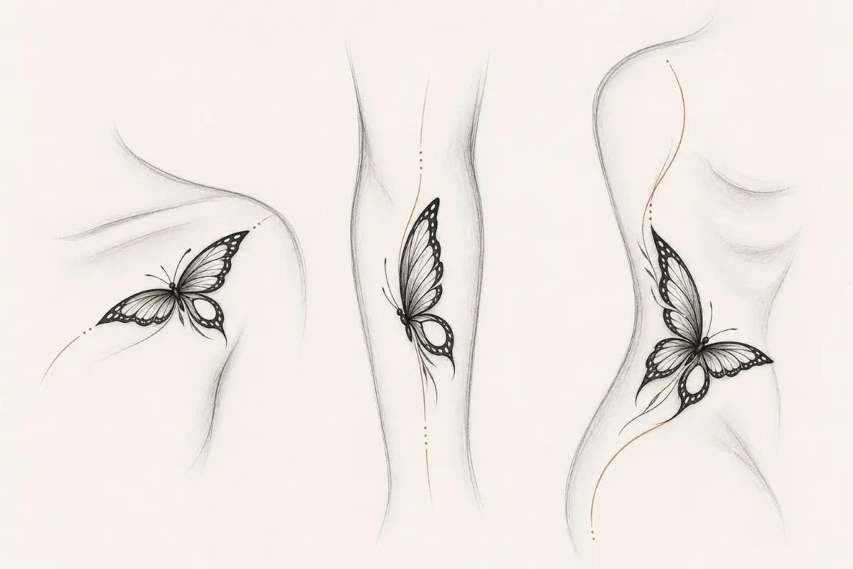 Three abstract placement-flow studies adapting one butterfly to a collarbone arc, a vertical forearm axis and a side-rib curve.
