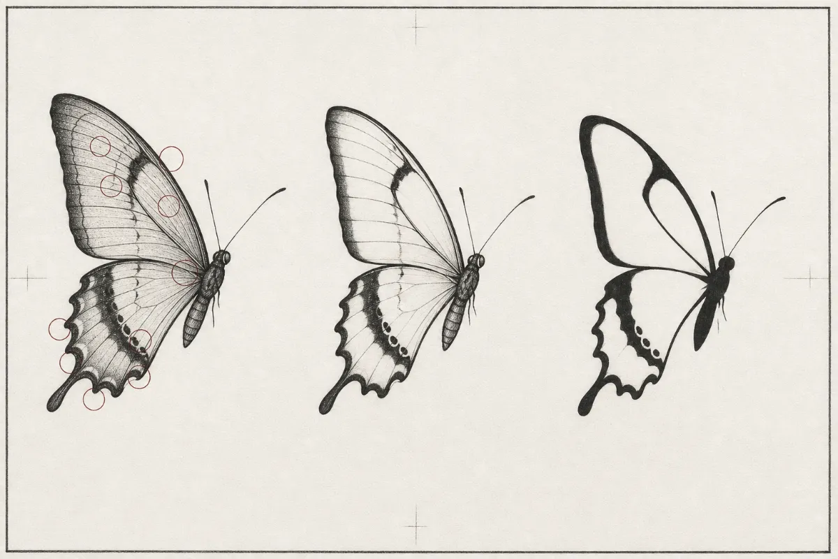 The same butterfly study shown as a detailed reference, a medium-detail tattoo drawing and a simplified silhouette-first drawing.