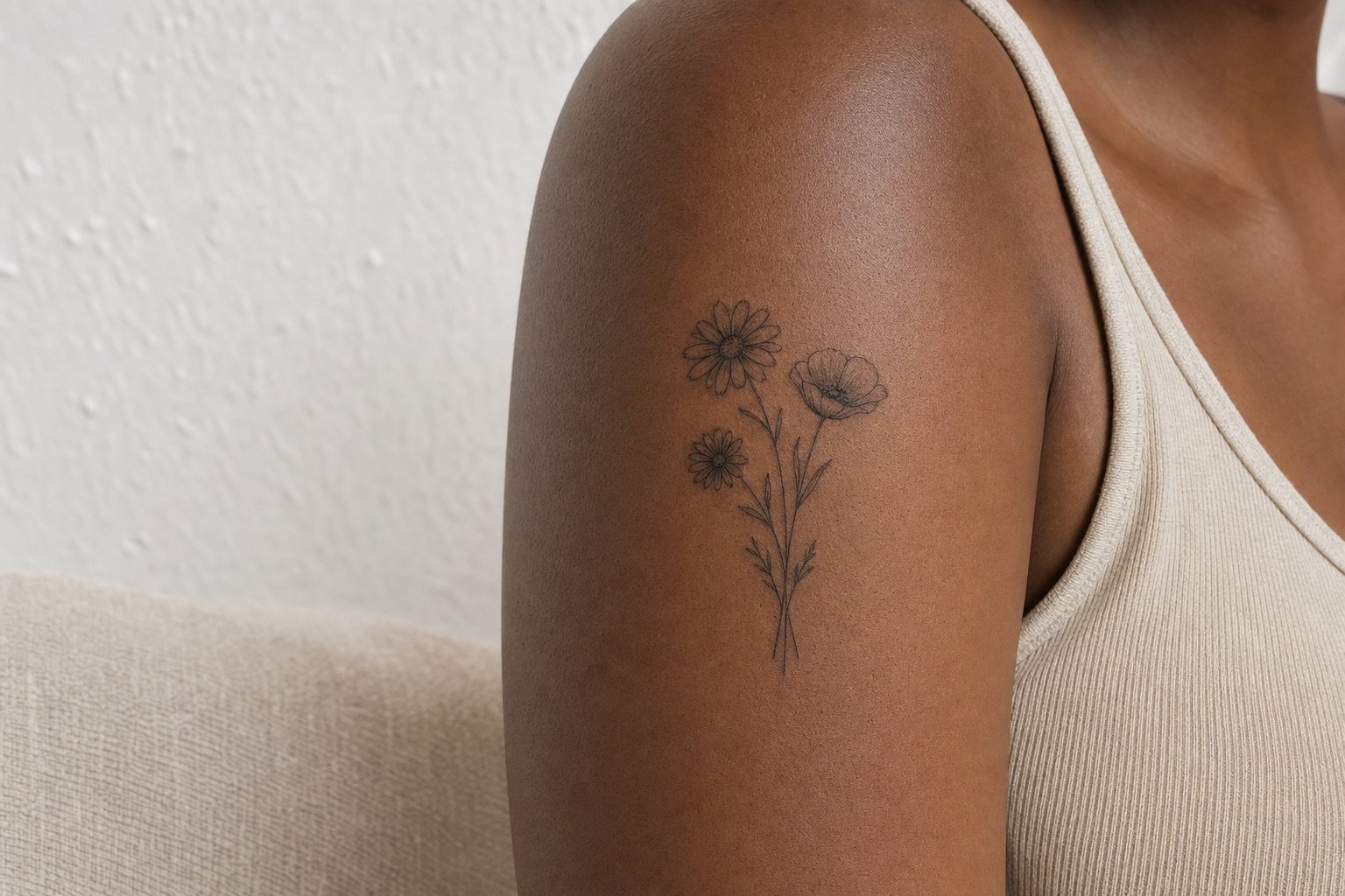A small fine-line birth-flower bouquet tattoo on an adult woman’s upper arm