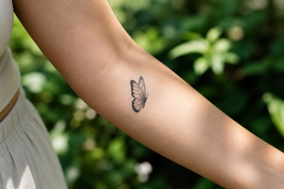 A small fine-line butterfly tattoo placed vertically on an adult woman’s forearm