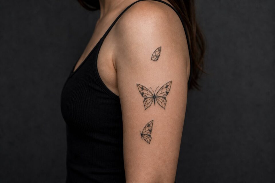 Three small related faceted butterfly tattoos spaced across an adult woman’s upper arm