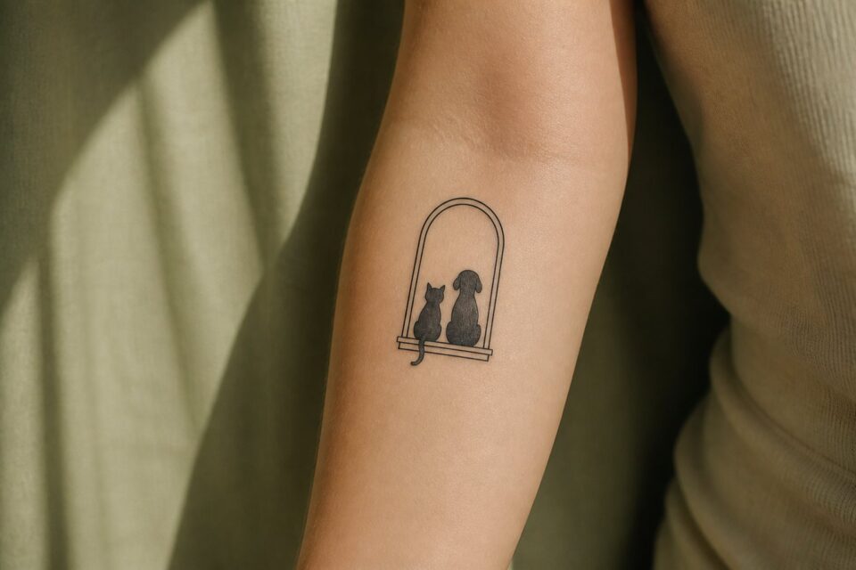 A small cat-and-dog window tattoo on an adult woman’s forearm