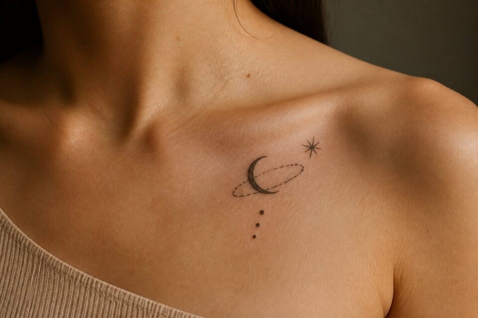 A small crescent moon in a fine orbital ring with a star on an adult woman’s collarbone