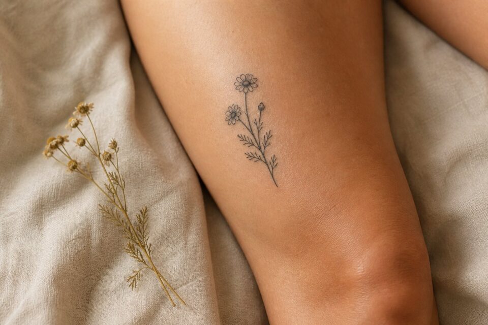 A small chamomile tattoo beside its dried botanical reference on an adult woman’s thigh