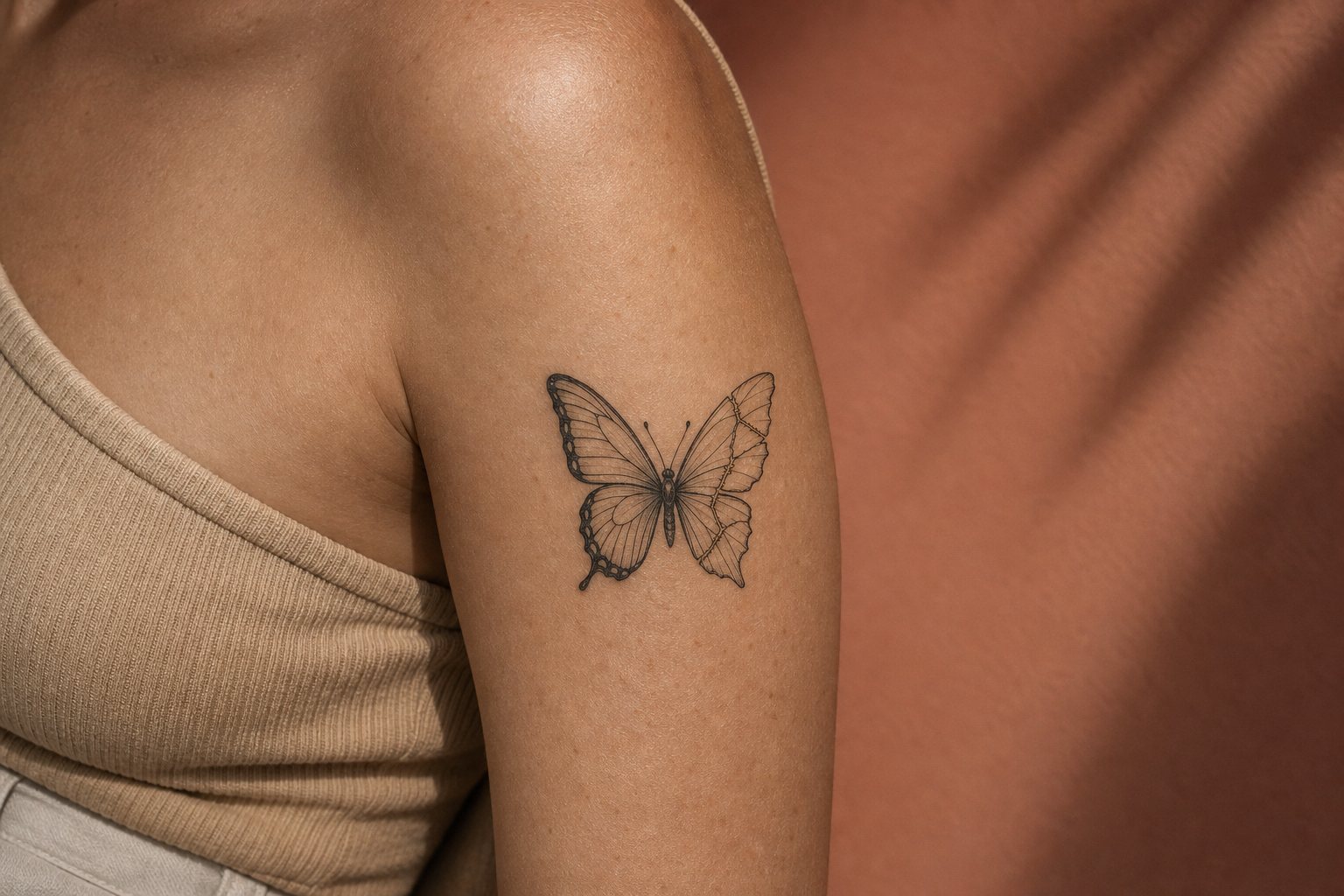 A small mended-wing butterfly tattoo with a visible repair seam on an adult woman’s upper arm