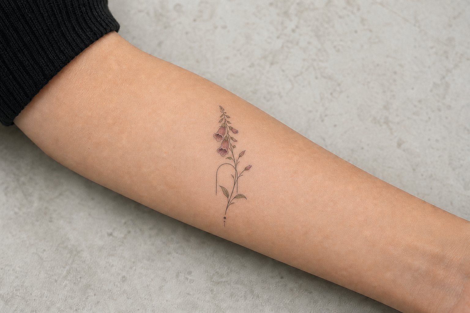 A small seed-to-bloom foxglove tattoo with muted colour accents on an adult woman’s forearm