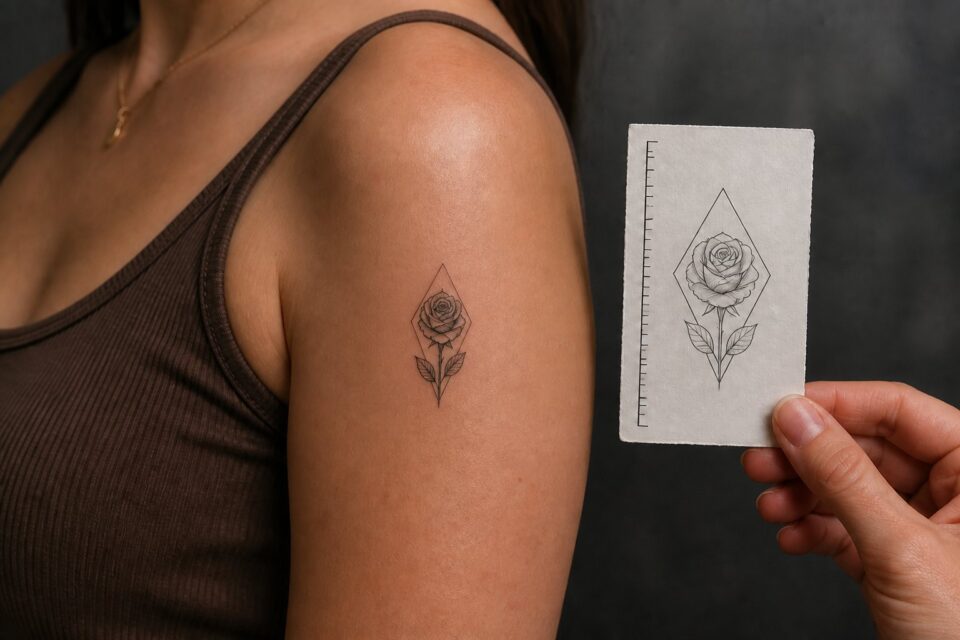 A small diamond-framed rose tattoo beside a paper scale reference on an adult woman’s shoulder
