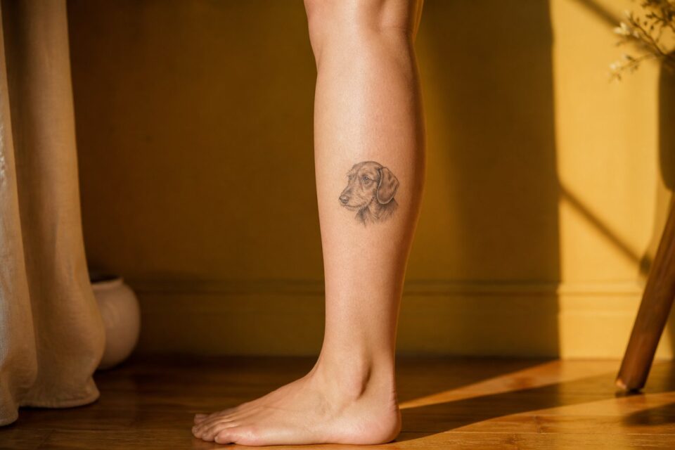 A small custom dachshund portrait tattoo on an adult woman’s calf
