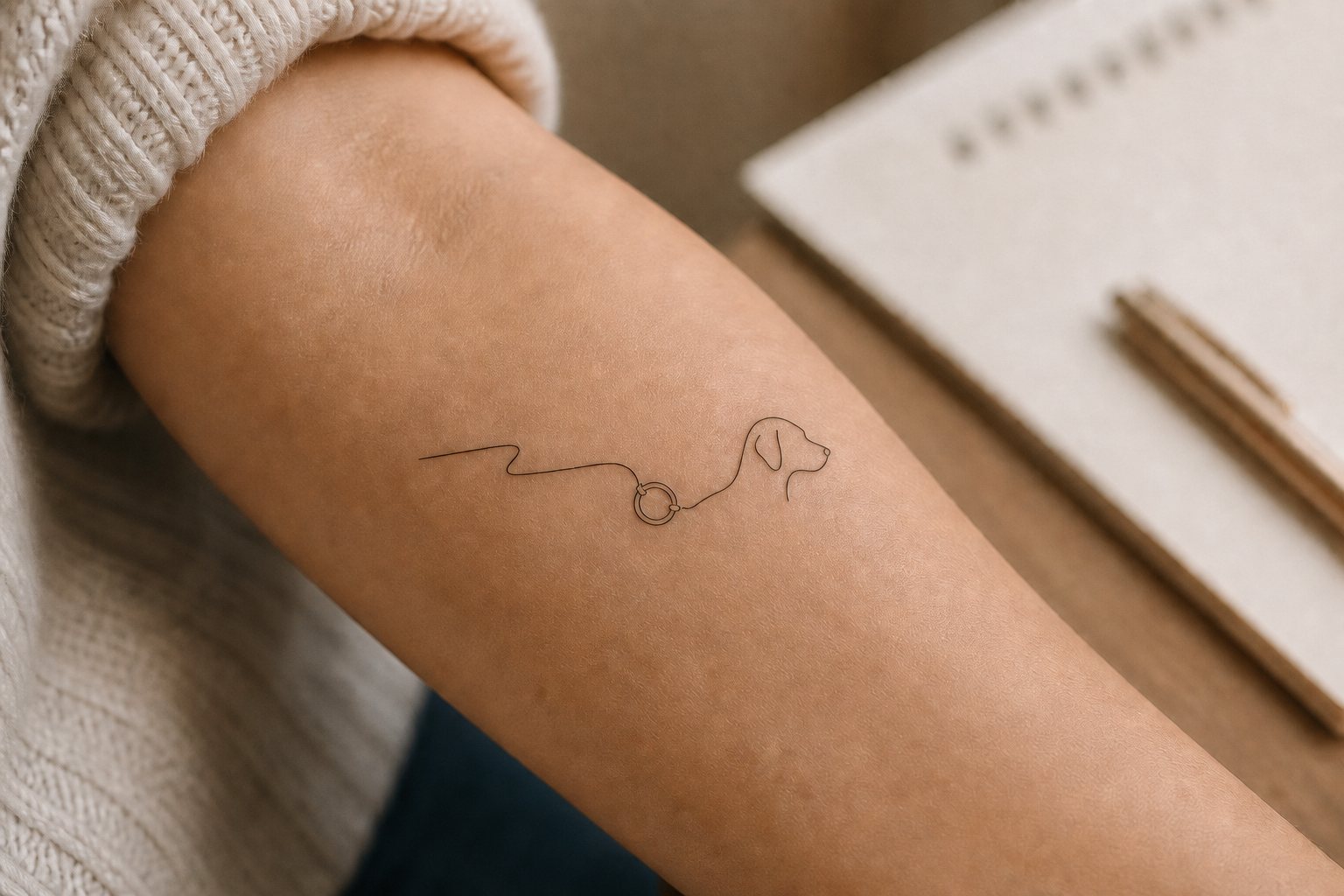 A small handwriting stroke flowing through a collar ring into a dog profile on an adult woman’s forearm