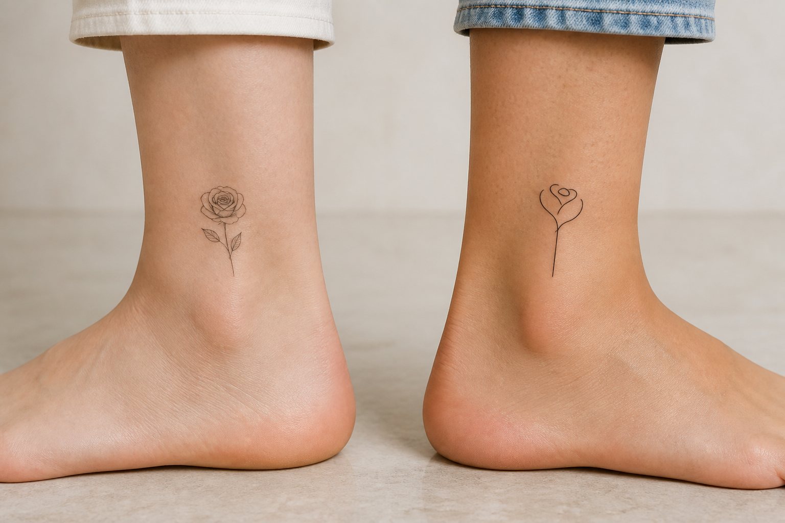 Two small rose tattoos comparing fine-line and minimalist construction on adult women’s ankles
