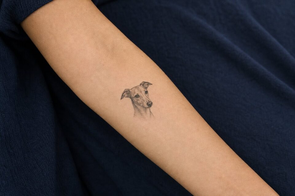 A small Italian greyhound portrait tattoo on an adult woman’s forearm