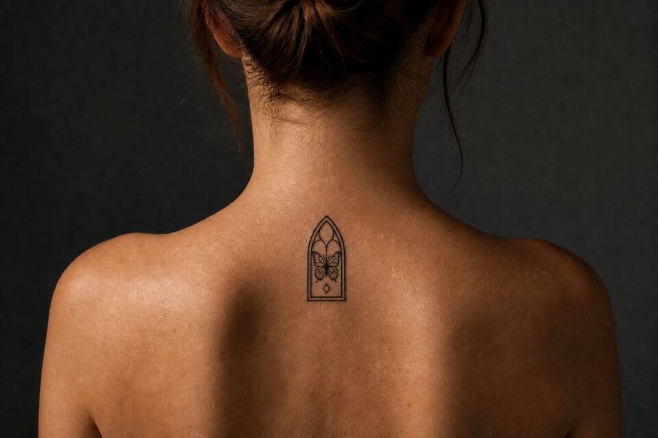 A small cathedral-window butterfly tattoo aligned below an adult woman’s nape