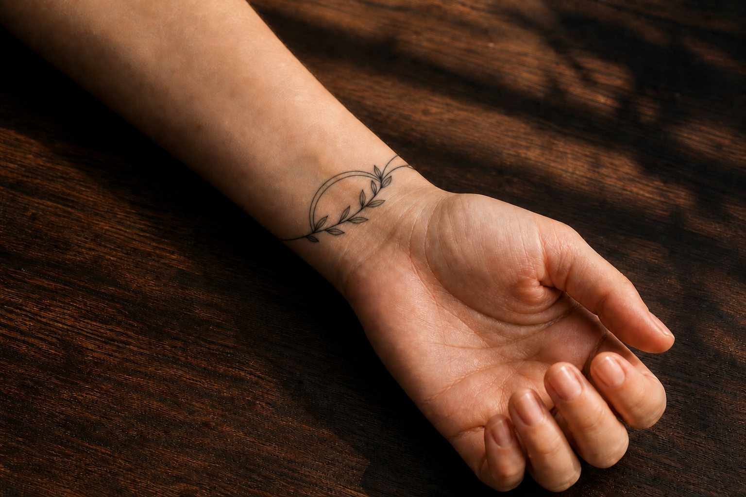 A small olive branch woven through an open wrist arc on an adult woman’s wrist