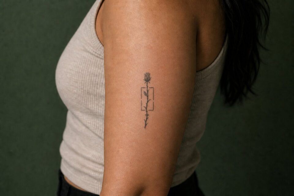 A small repaired thorn-stem rose tattoo passing through a broken frame on an adult woman’s upper arm