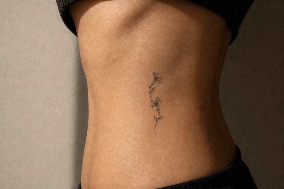 A small climbing honeysuckle tattoo following an adult woman’s rib line
