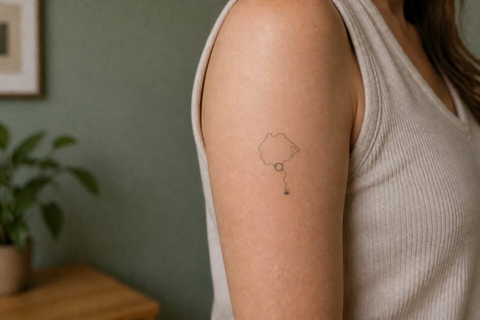 A small daily-walk route tattoo with a collar ring and grass detail on an adult woman’s upper arm