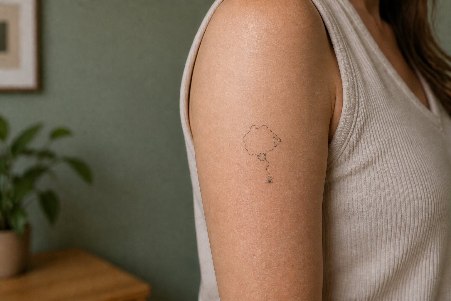 A small daily-walk route tattoo with a collar ring and grass detail on an adult woman’s upper arm