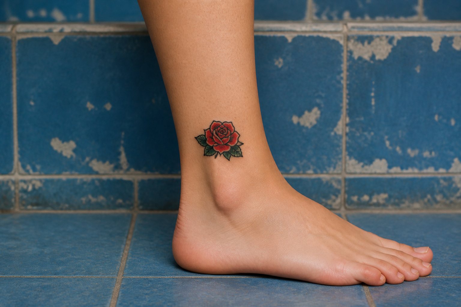 A small American-traditional red rose tattoo above an adult woman’s ankle