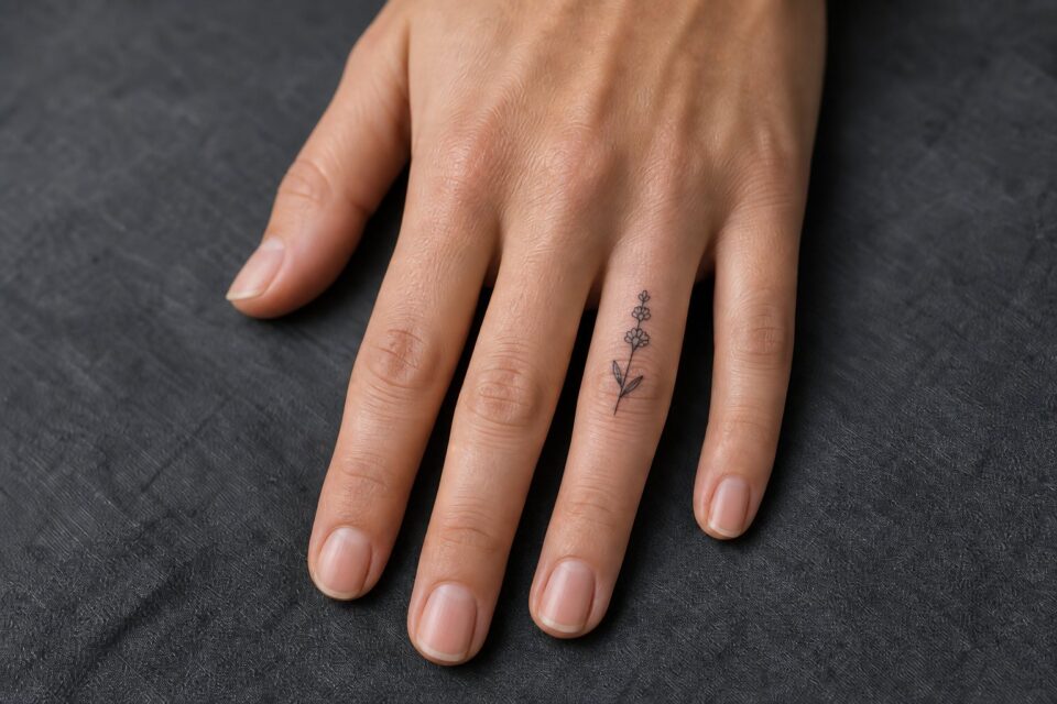 A tiny snapdragon stem tattoo placed between the joints of an adult woman’s ring finger
