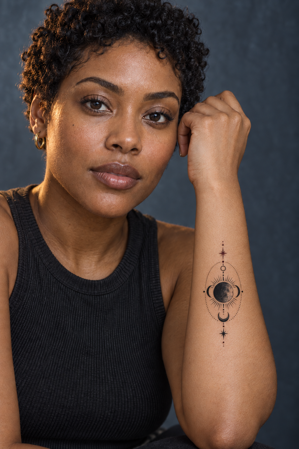 A woman holds up her forearm, where a small compact eclipse tattoo uses rays, crescents, a dotted oval, and a vertical star axis.