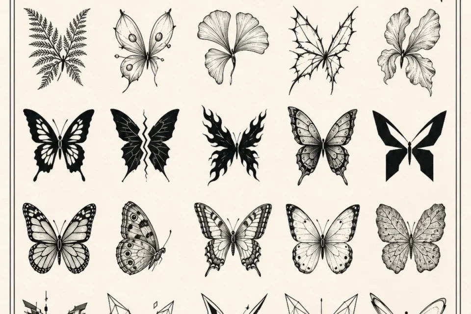 A reference sheet showing 30 original butterfly tattoo motifs in six rows, from continuous line and botanical forms to blackwork, geometry and restrained red accents.