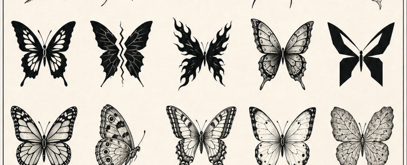 Ten butterfly tattoo directions comparing bold negative space, a repaired split, flame edges, engraved shading, geometric blocks and naturalist wing structures.