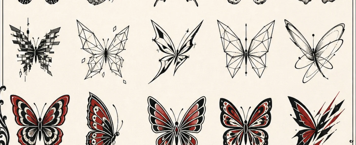 Ten original butterfly directions using glitch blocks, crystalline geometry, spear-shaped wings, orbital lines and restrained red and black graphic treatments.